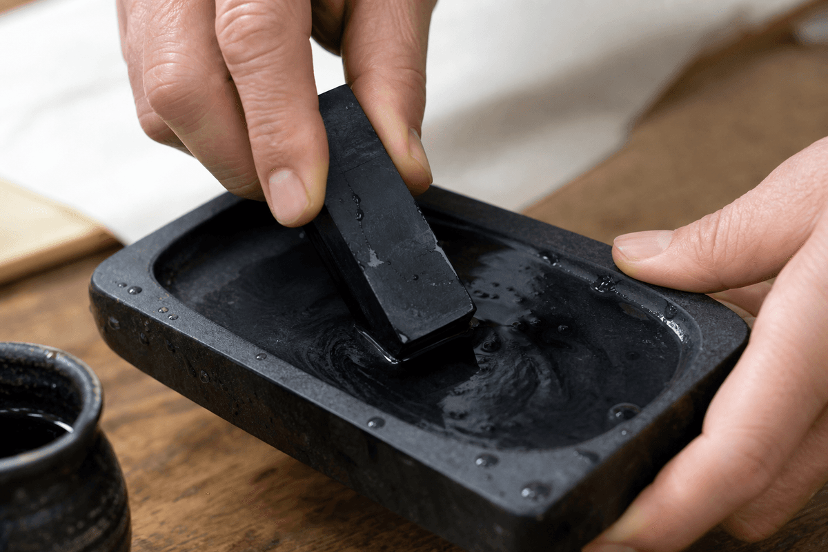 Préparer l’encre : broyage de la baguette d’encre sur la pierre (suzuri).