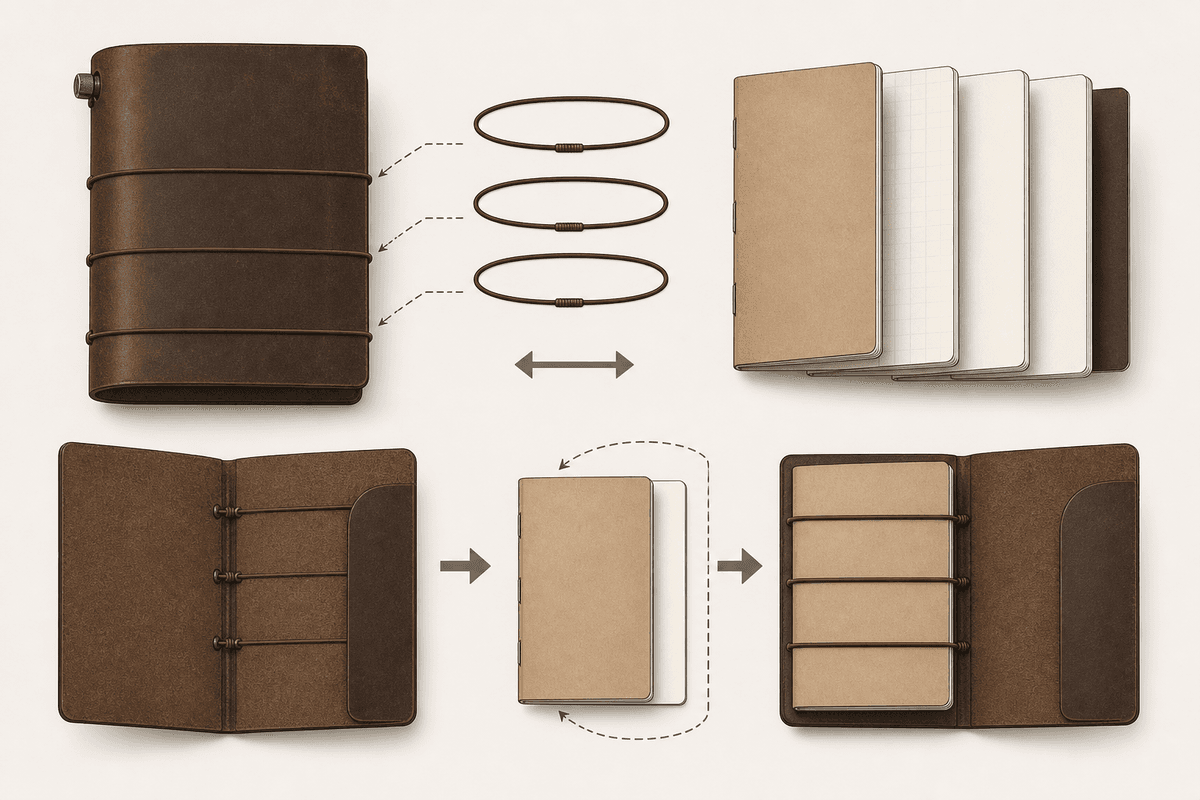 Component overview of the Traveler’s Notebook leather system and refill swapping.