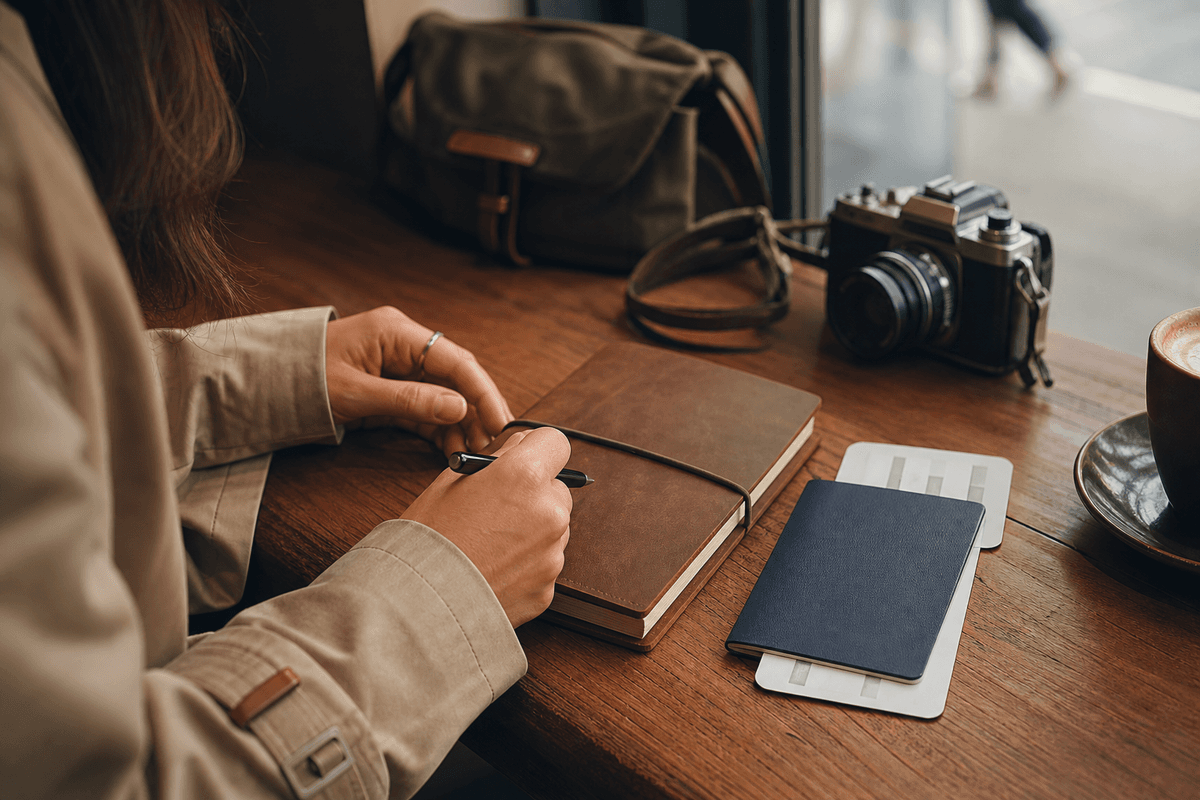 Typical travel journaling setup using a leather Traveler’s Notebook.
