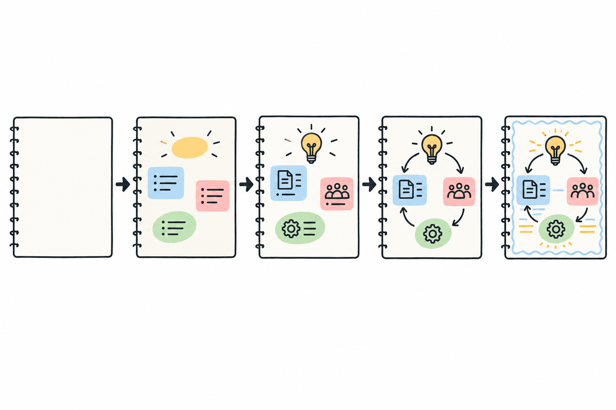 Step-by-step sketchnote workflow represented with simple pictograms and arrows.