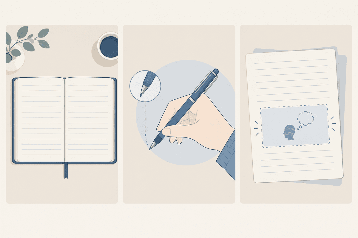 Schéma conceptuel du processus: écrire avec le carnet et le stylo.