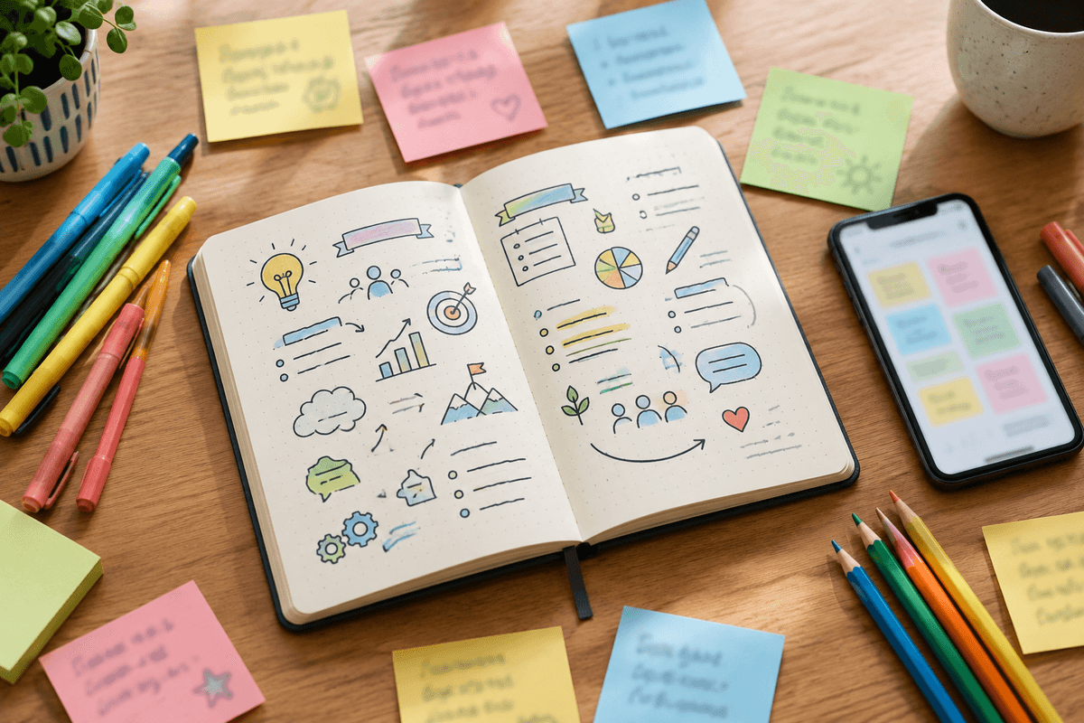 Materials and setup for visual note-taking, highlighting sketchnote-style visuals alongside written notes.