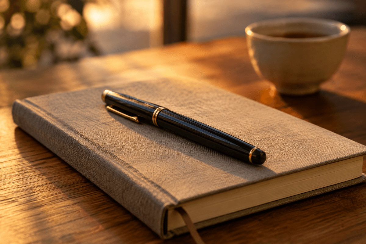 Détail du carnet et du stylo dans un contexte propice à l’écriture.
