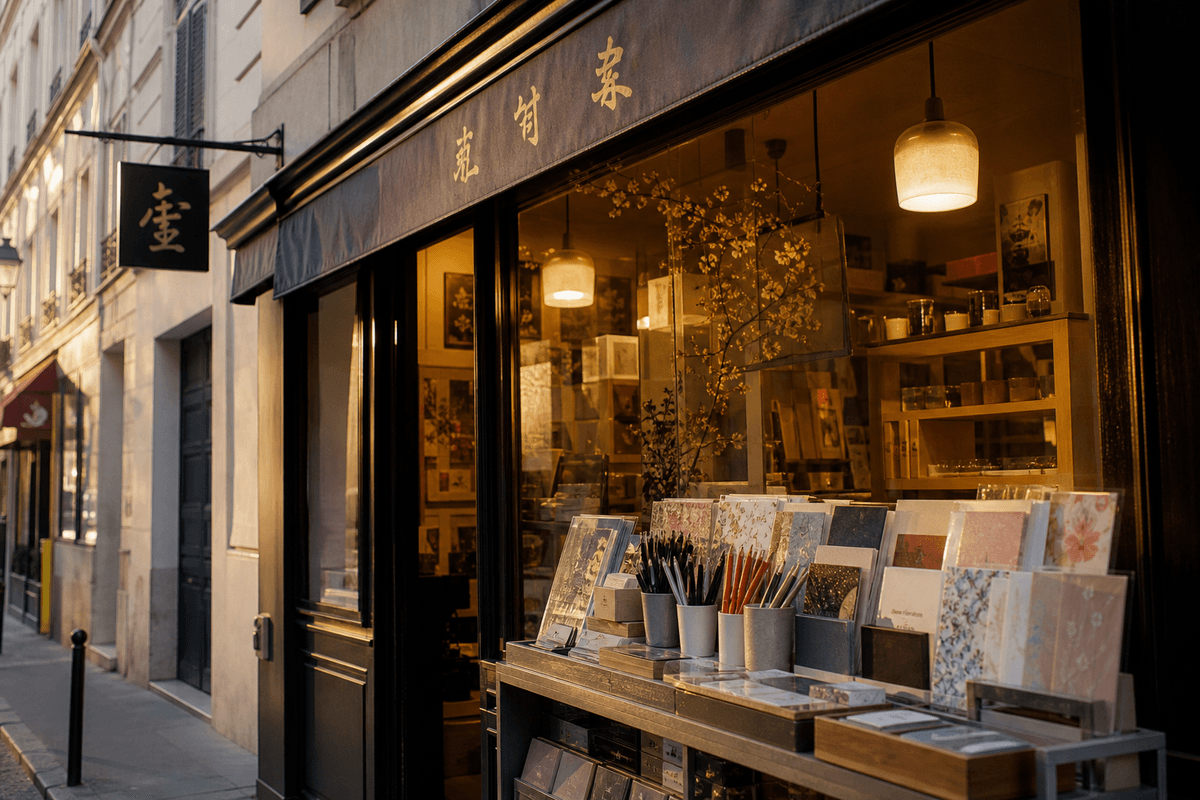 Entrée d’une boutique de papeterie japonaise à Paris (ambiance et repères visuels).