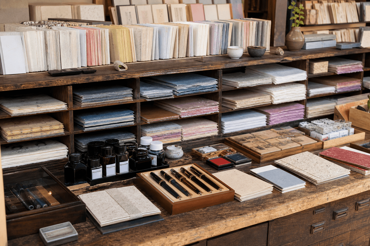 Rayons organisés : washi, encres, stylos et carnets.