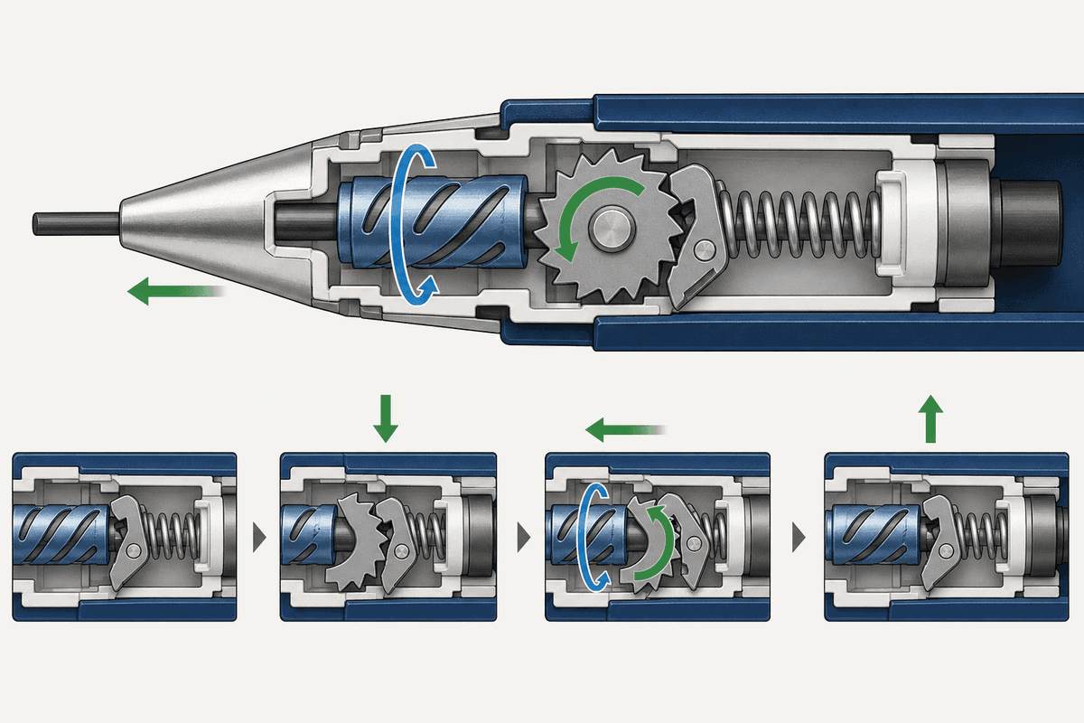 Schéma en coupe : rotation de la mine via mécanisme d’avance.