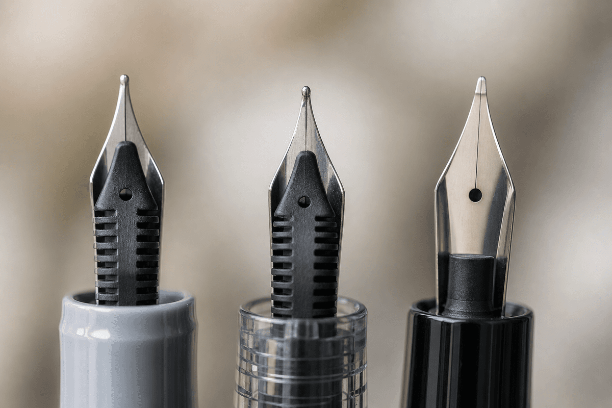 Macro comparison of nib and feed details across the three pen models.