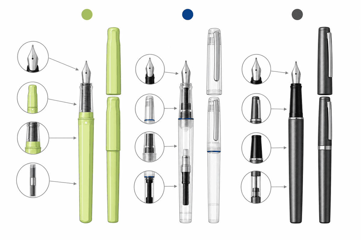 Clean feature comparison diagram of the three Japanese fountain pen models.