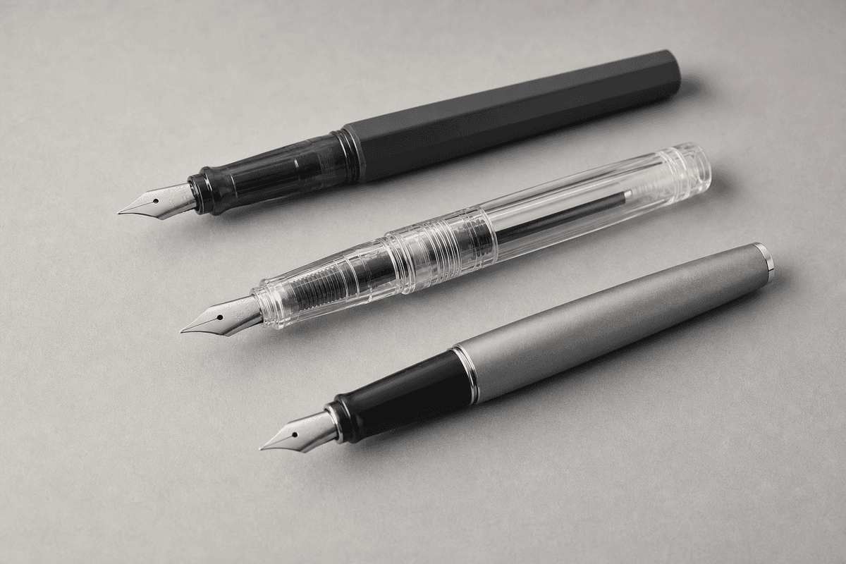 Three Japanese fountain pens (Kakuno, Preppy, Metropolitan) in a clean studio lineup with visible nibs.