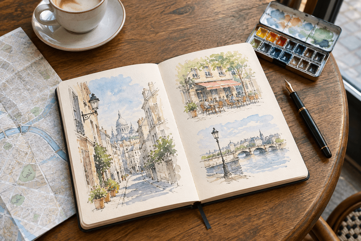 Un carnet de voyage ouvert, avec croquis et aquarelles prises sur le vif